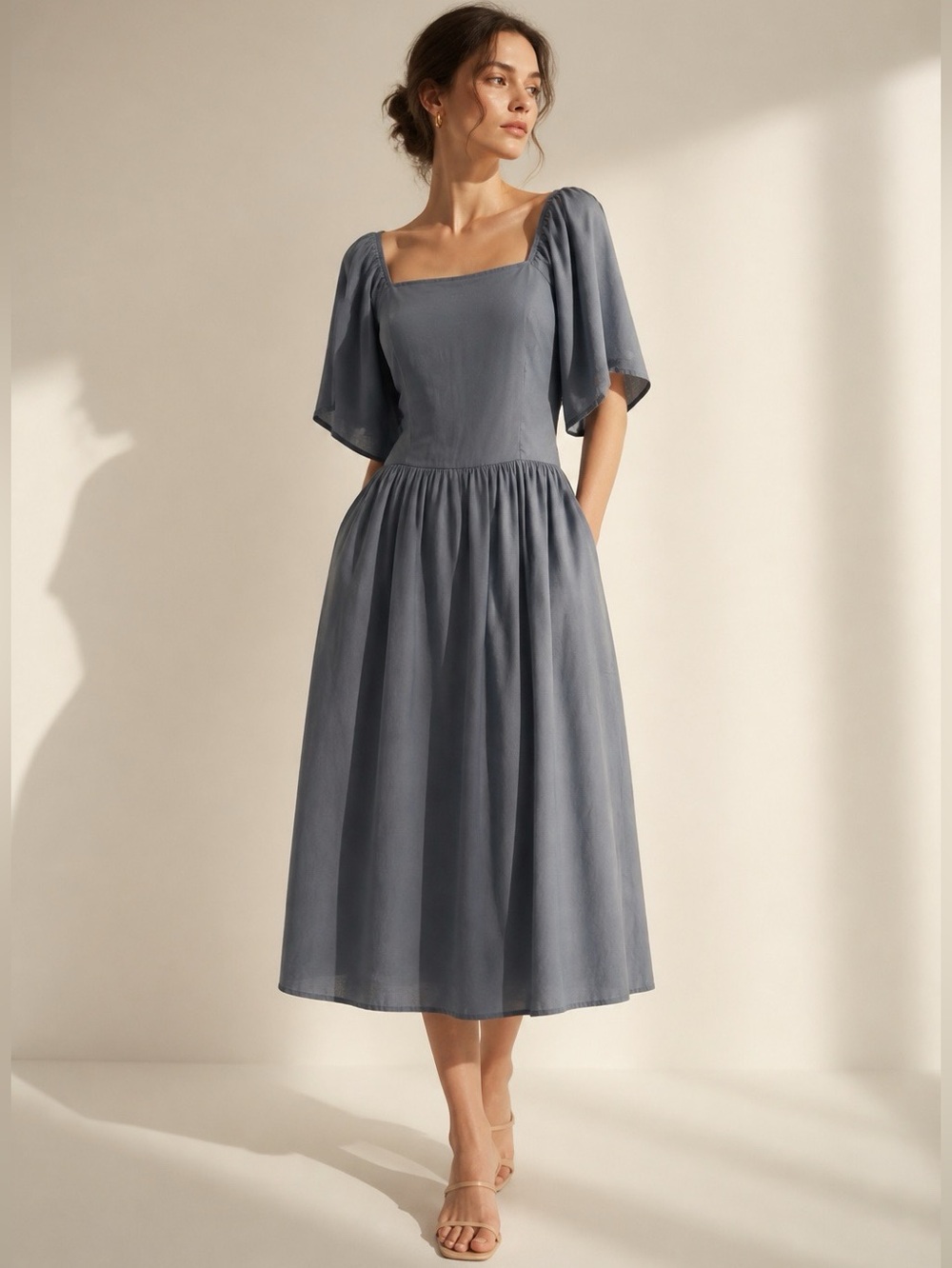 Elegant Slate Gray Square-Neck Maxi Dress